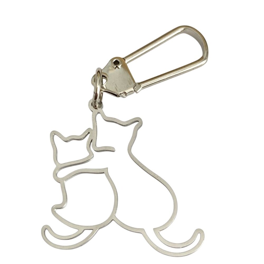 Silver Cat Clip Zipper Pull Purse Bag Charm Stainless Steel Two Cats Cat Lady